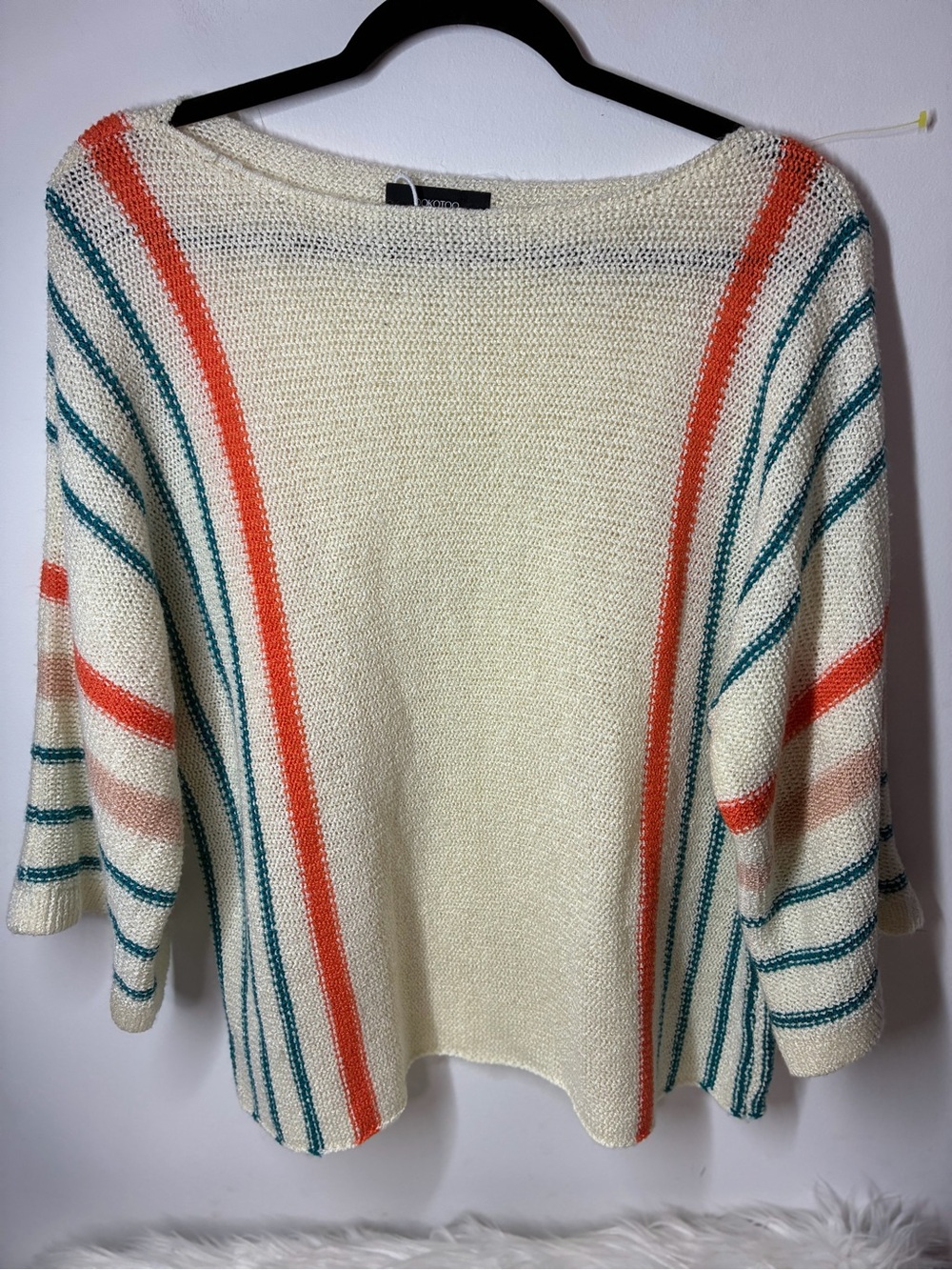 Lightweight Cream Stripe Pullover Sweater with Coral & Teal Accents